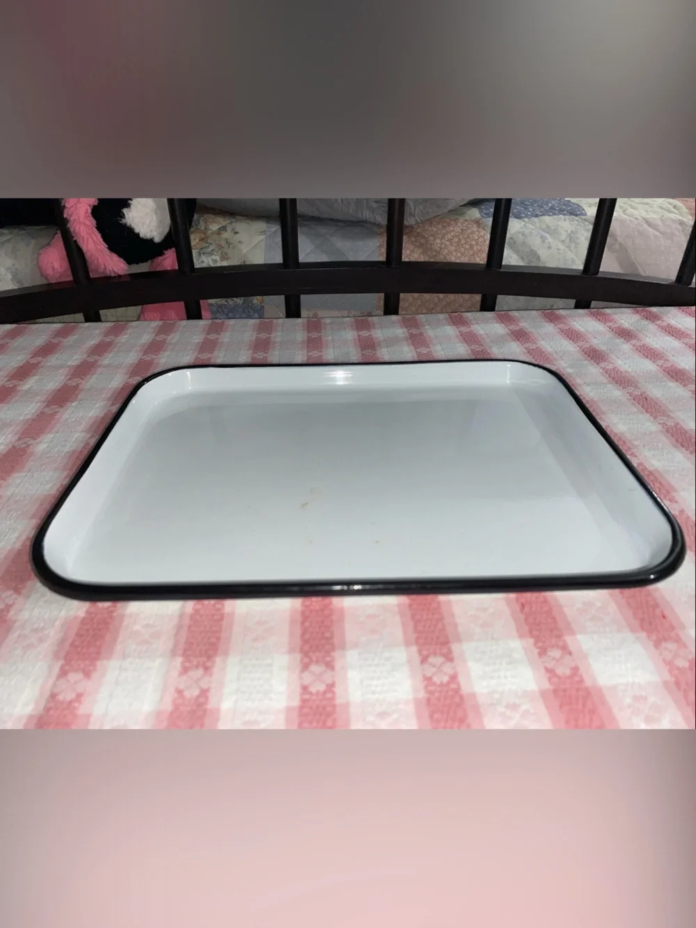 Vintage White and Black Enamelware Metal Tray